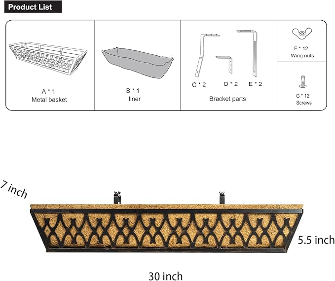 4 Pack 30 Inch Window Boxes Planters Railing Planter Box with Adjustable Brackets for Porch Fence Patio Balcony Hanging Flower Baskets with Coco Liners for Outdoor Garden Decor - Bronze