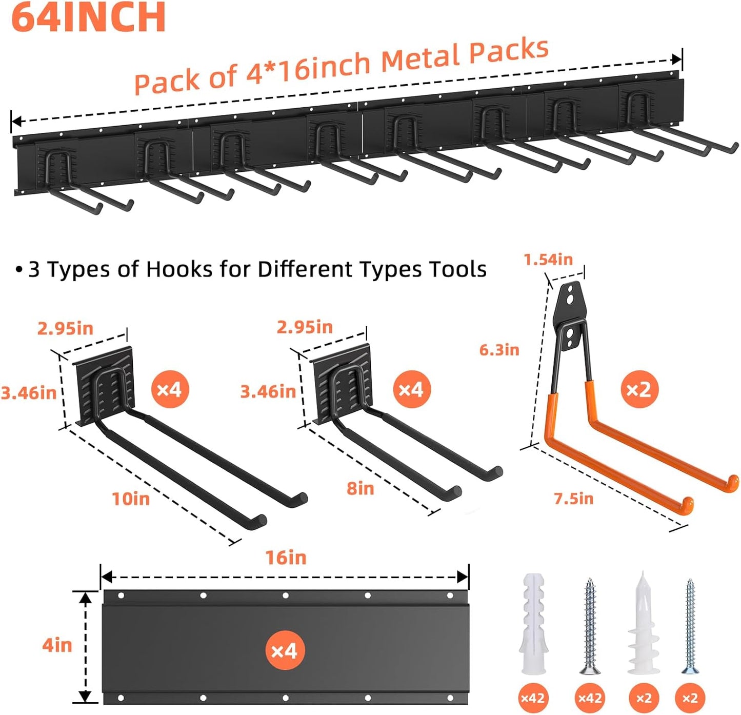 Garage Storage, Ultimate Wall-Mounted Garage Organizer for Men 64Inch, Heavy Duty 550lbs Tool Rack with Adjustable Metal Hooks Yard, Shed & Workshop Storage for Tools, Bikes, Snowboards Gift