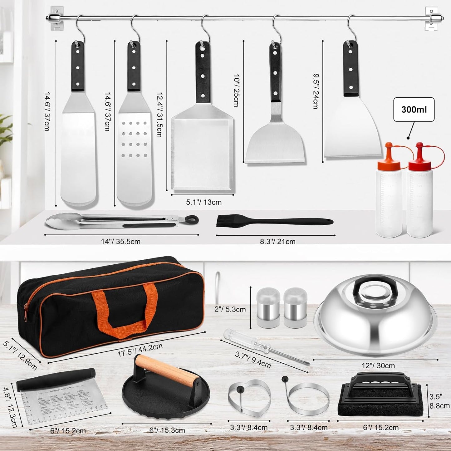 Griddle Accessories Set of 25, Leonyo Grill Accessories for Outdoor, Commercial BBQ Tools Grilling Smash Burger Press Kit with Enlarged Metal Spatulas Scraper for Flat Top Grill, Hibachi, ABS Handle