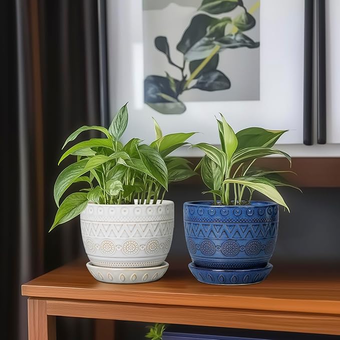 G EPGardening Pot for Plants 5 Inch - Ceramic Planter for Indoor Plants Outdoor, Succulent Pot with Drainage Hole and Saucer, Modern Home Garden Decor, Blue