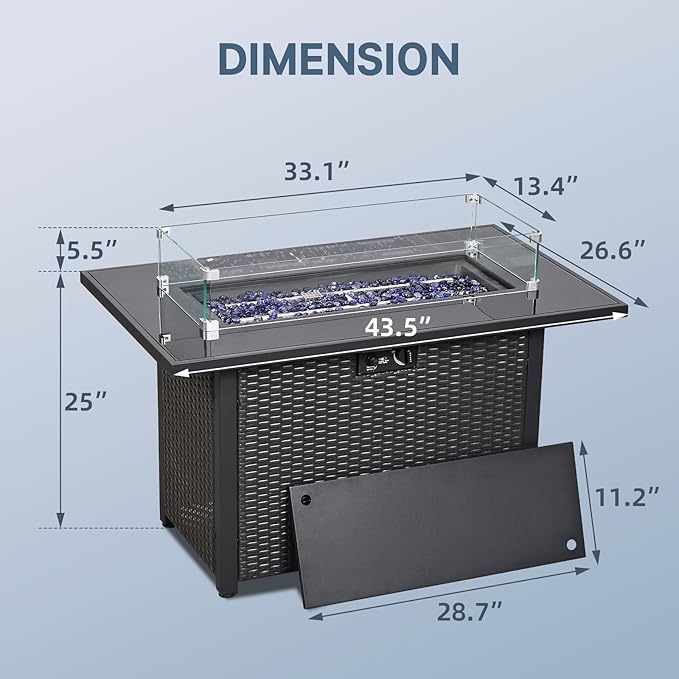 5 Piece Patio Furniture Set with 43" Propane Fire Pit Table, Outdoor Wicker Conversation Set, Rattan Modern Sectional Sofa Couch with Coffee Table for Backyard Porch Garden Poolside, Black-Blue