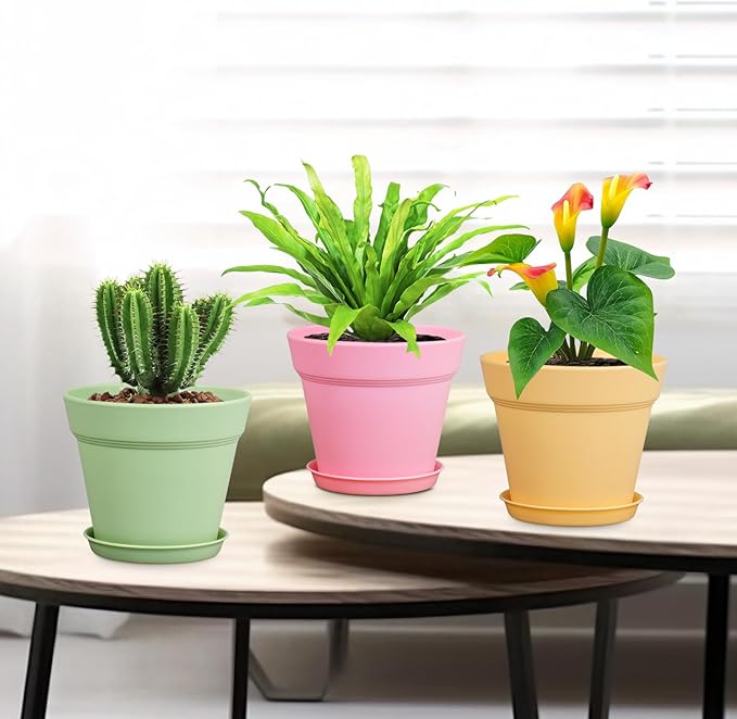6 inch Plastic Nursery Pots, 16 Pack Plant Pots for Indoor Outdoor Plants, Flower Pots with Drainage Holes and Saucers, Decorative Seedling Starter Planters for House Plants, Colorful