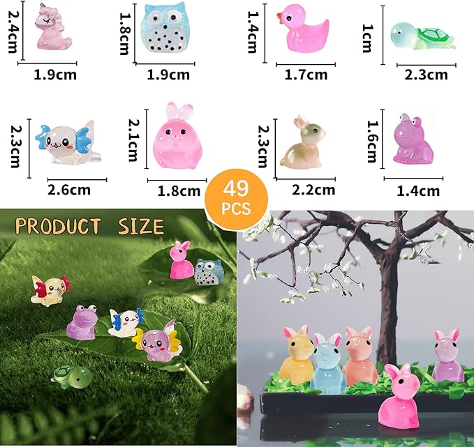 49PCS Tiny Resin Bulk Animals Miniature Figures Ornament Luminous Transparent Multicolor Dollhouse Decor Accessorie for Garden Aquarium Potted Ornament