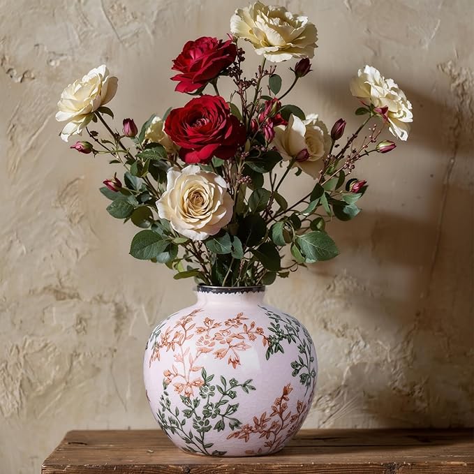 Green, White, and Brown Vintage Round vase, Chinese-Style Green Farmhouse Decorative vase, Suitable for Home Decor,Living Room, Dining Table, Office, Bookshelf, TV Cabinet, entryway Decor.