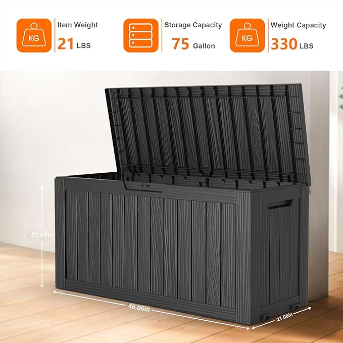 75 Gallon Resin Deck Box, Lockable Patio Outdoor Storage Box for Furniture, Garden Tools and Tools Storage, Waterproof Outside Storage Boxes - Black