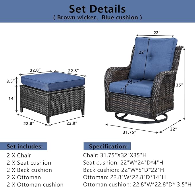 4 Pieces Patio Furniture Sets, Wicker Patio Swivel Glider Chair with Ottomans, Outdoor Furniture Set for Outside Porch, Deck, Balcony, Garden