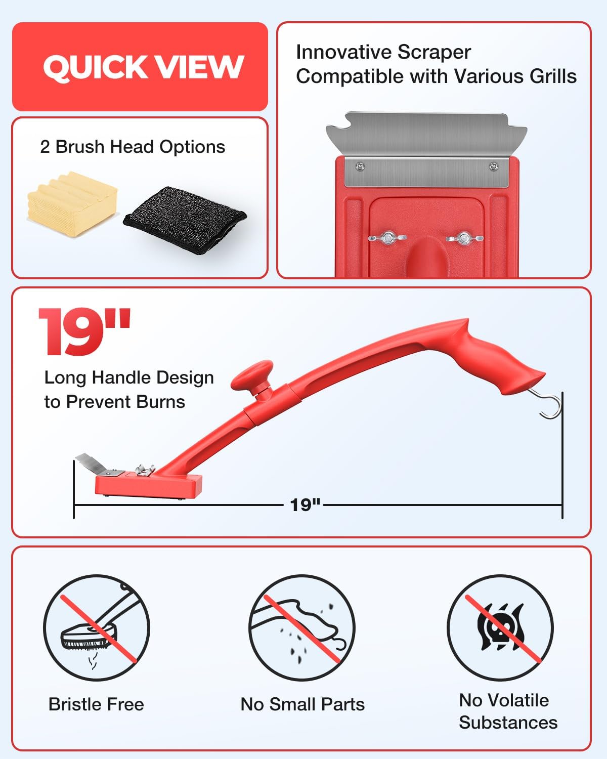 Grill Brush Bristle Free with Scraper 2 Replacement Heads, Steel Wire Replaceable Head and Fire-Resistant Fabric Replaceable Head