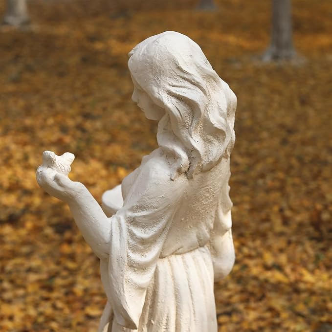 Garden Outdoor Nymph Statue Girl Maid Statue 40 Inch with Birdbath Bird Bath Bowl Magnesium Oxide Sculpture Patio Yard Lawn Decor Ivory