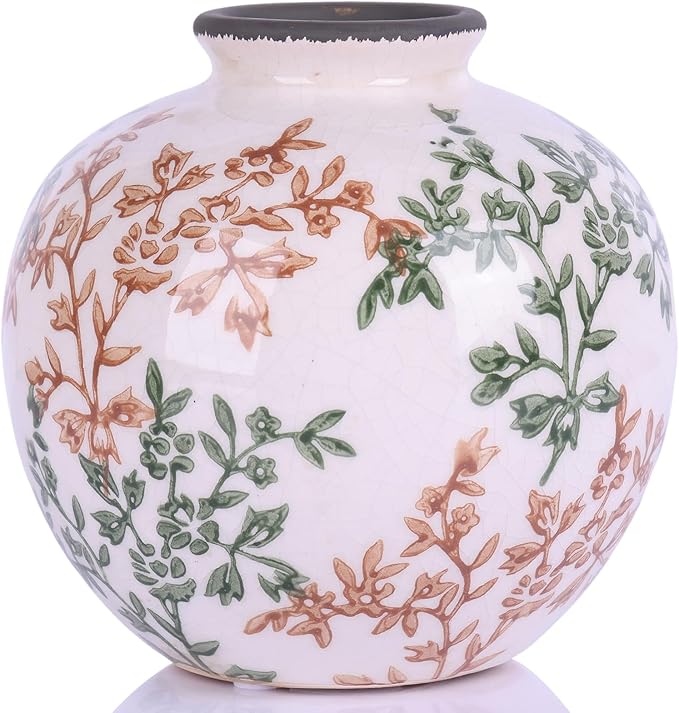 Green, White, and Brown Vintage Round vase, Chinese-Style Green Farmhouse Decorative vase, Suitable for Home Decor,Living Room, Dining Table, Office, Bookshelf, TV Cabinet, entryway Decor.