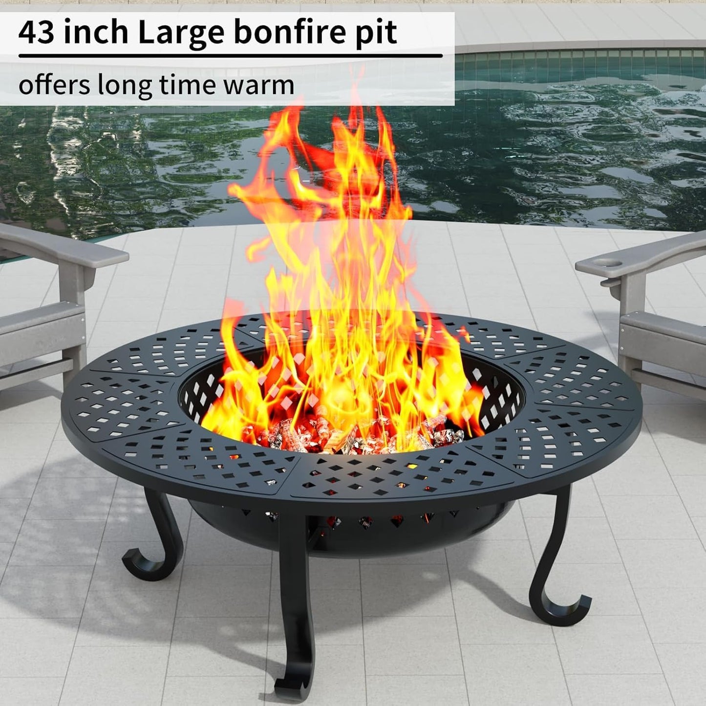 43 Inch Fire Pit with 2 Grill for Outside, Outdoor Wood Burning Firepit with Lid, Metal Round Table for Backyard Patio Garden Picnic Camping Bonfire, Black