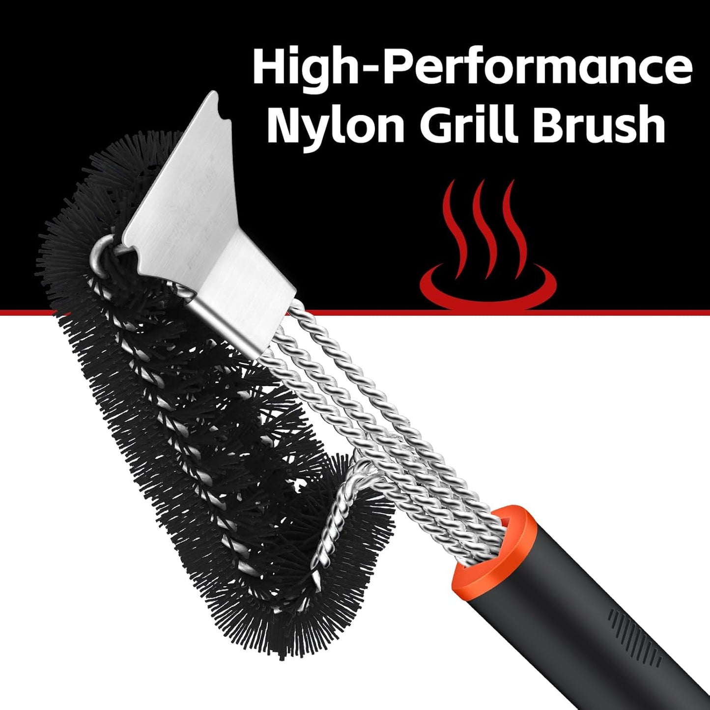 Grill Brush and Scraper, Safe Nylon Bristles Barbecue Triple Scrubbers Cleaning Brush for Cast Iron Grates/Porcelain/Weber Gas/Charcoal Grill,Extra Strong BBQ Cleaner Accessories (Black)