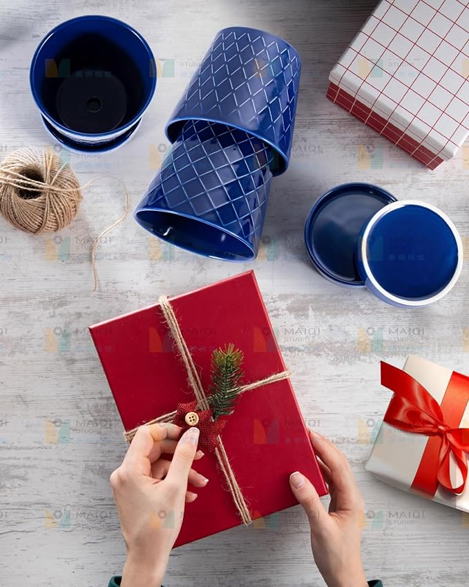 Ceramic Plant Pots –5 inch Indoor Flower Pot with Drainage Hole and Ceramic Tray - Gardening Home Desktop Office Windowsill Decoration Gift, Set of 4-Plants NOT Included(Blue)