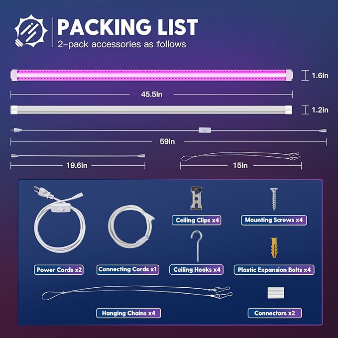 FREELICHT 2 Pack 4FT LED Grow Light, 40W (250W Equivalent), Red Blue (660nm+460nm) Full Spectrum Grow Light for Indoor Plants, Linkable Plug in Plant Growing Lamps for Hydroponic Seeding Veg Flower