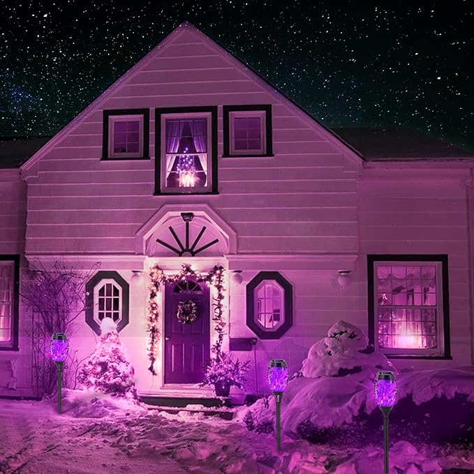 EOYIZW Solar Lights Outdoor, Halloween Decorations Purple Solar Tiki Torches for Outside Lights, 12 Pack Solar Torch Light with Flickering Flame Landscape Outdoor Lights for Yard Patio Garden