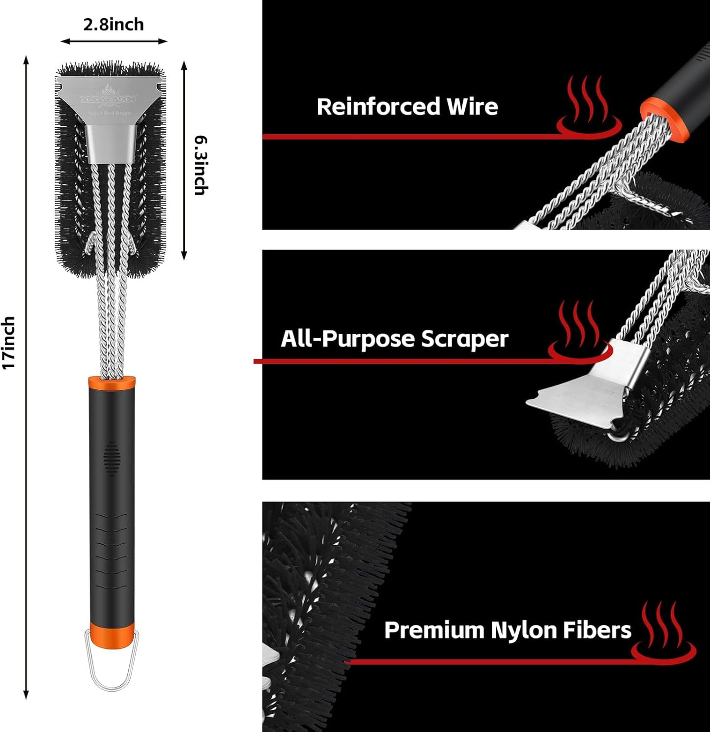 Grill Brush and Scraper, Safe Nylon Bristles Barbecue Triple Scrubbers Cleaning Brush for Cast Iron Grates/Porcelain/Weber Gas/Charcoal Grill,Extra Strong BBQ Cleaner Accessories (Black)