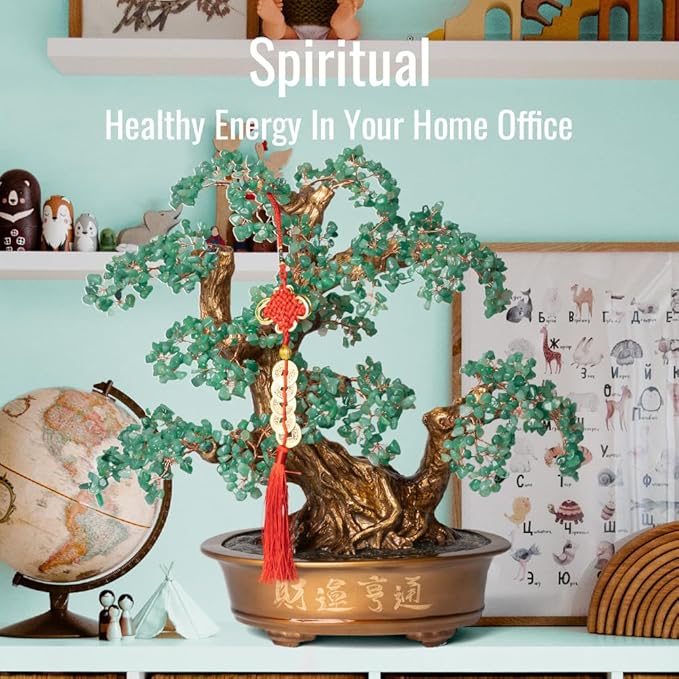 Green Aventurine Gemstone Crystal Bonsai Tree of Life(1,350 Gemstone Count) Large Feng Shui Money Chakra Tree for Luck and Wealth Desk Decoration 20 Inches