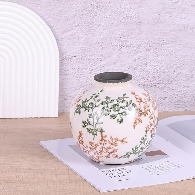 Green, White, and Brown Vintage Round vase, Chinese-Style Green Farmhouse Decorative vase, Suitable for Home Decor,Living Room, Dining Table, Office, Bookshelf, TV Cabinet, entryway Decor.
