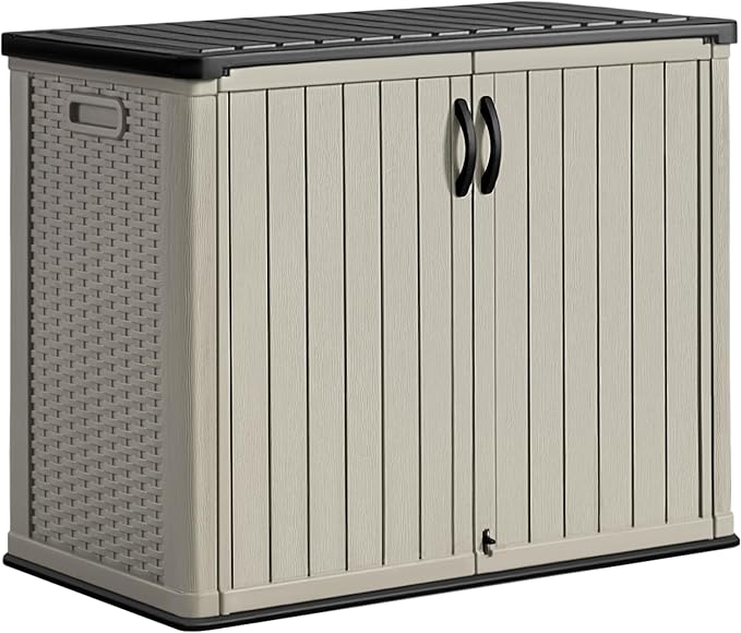 Greesum Outdoor Horizontal Storage Sheds 27 Cu.ft Resin Large Storaged Box Weather Resistance, Without Shelf, Easy to Assemble, Prefect for Garden, Patios, Backyards, Beige