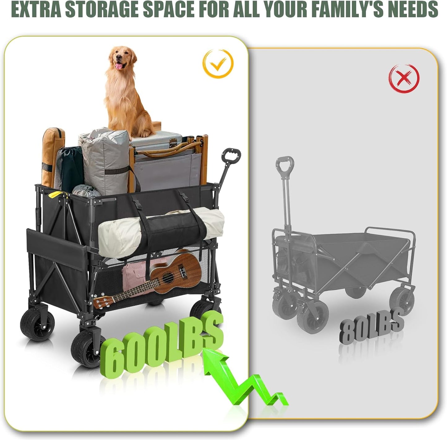 Double Decker Wagon Heavy Duty Collapsible, 600LBS 400L Capacity Foldable Utility Cart with Big Wheels for Beach, Outdoor, Camping & Gardening, Durable Steel Frame