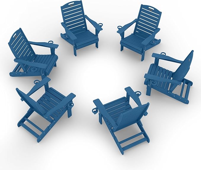 Adirondack Chairs Set of 6, Outdoor Fire Pit Chairs, HDPE All-Weather Adirondack Chairs with Cup Holder, Lawn Chair for Deck, Patio, Garden (Navy Blue)
