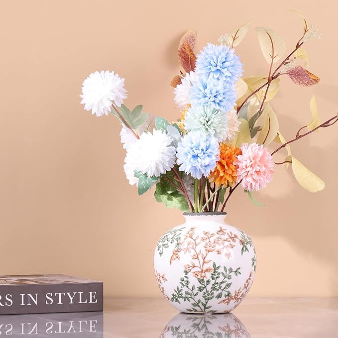 Green, White, and Brown Vintage Round vase, Chinese-Style Green Farmhouse Decorative vase, Suitable for Home Decor,Living Room, Dining Table, Office, Bookshelf, TV Cabinet, entryway Decor.