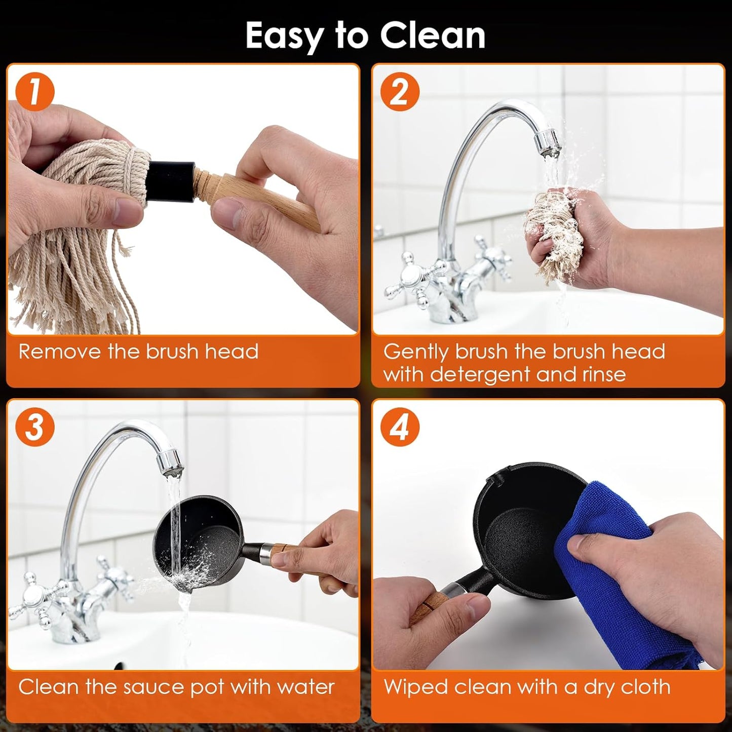 BBQ Mop Brush and Cast Iron Sauce Pot Set, 8Pcs Barbecue Accessories Include Basting Melting Pot, 2 Size Wooden Handle Sauce Mops with 4Pcs Replacements and Oil Brush for Meat Smoker, Grill, Stove