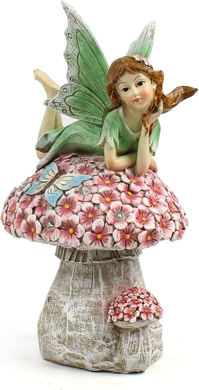 Garden Fairy Decor for Outside, Fairy Garden,Flower Fairy Outdoor Statue,Solar Powered Resin Ornaments,Patio Lawn Yard Porch, Garden Fairy Figurines for Home Garden Gifts,8.66inches Tall