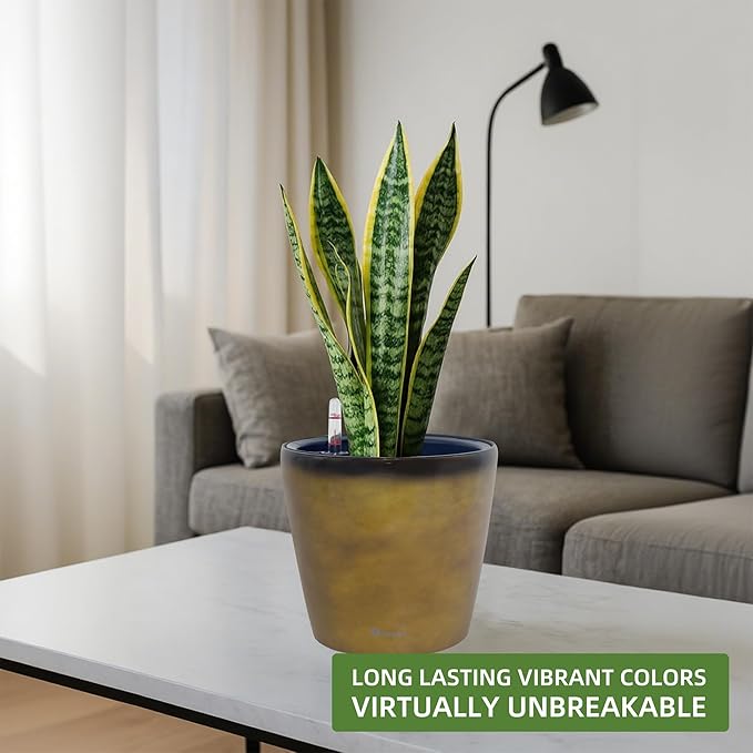 Dexceder 9x8 Inches Self Watering Planter Indoor Outdoor, Inner Pot Design, Thickened Table Flower Plant Pot with Water Level Indicator (Yellow Brown Gradient)