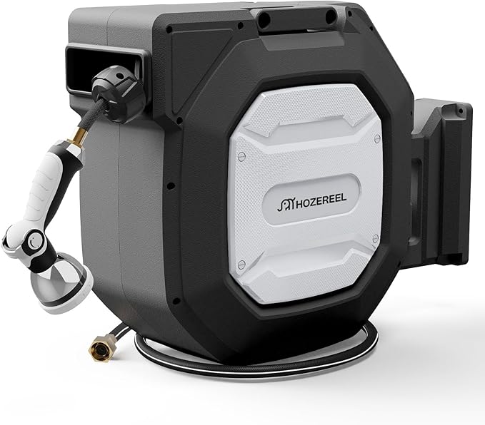 5/8" x 100 ft Heavy Duty Retractable Garden Hose Reel by HOZEREEL, Outdoor Garden Hose Reels - Self Retract Wall Mount Hose Reel Automatic Storage, Any Length Lock, 10 Pattern Nozzle