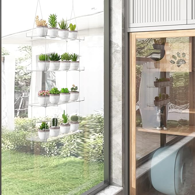 4-TierClear Plant Shelves, Height Adjustable Hanging Acrylic Indoor Wall Hanging Plant Stand Flower Display, Flower Pot Organizer Storage for Window Grow Herbs, Microgreens, Succulents, 16 Inch