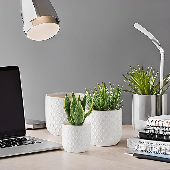 Docrin Plant Pots Indoor with Drainage: 6.4+5.3+4 Inch Ceramic Flower Pots for Plants - Set of 3 Modern Decorative Planters for House/Office/Gift - White Honeycomb