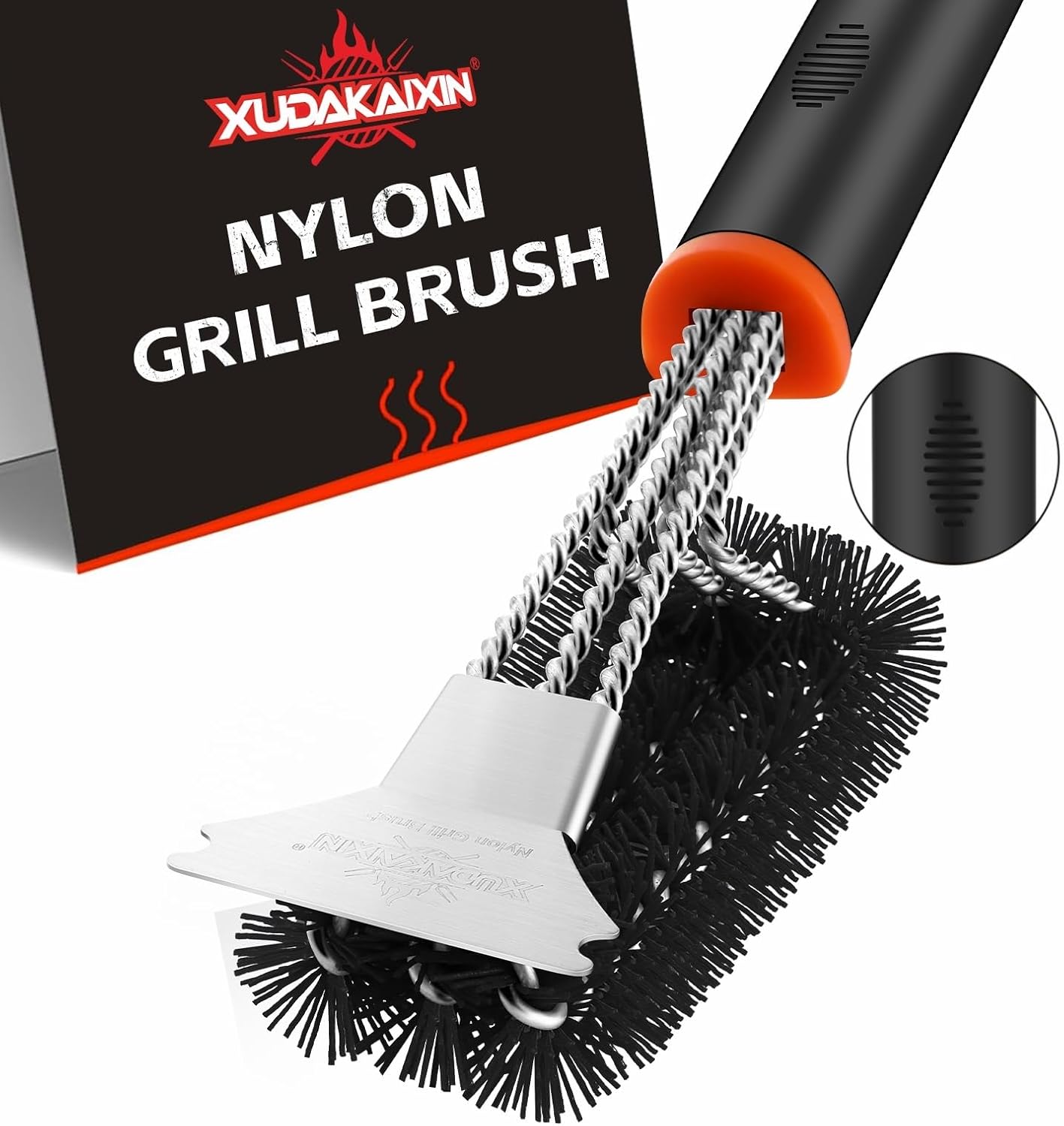 Grill Brush and Scraper, Safe Nylon Bristles Barbecue Triple Scrubbers Cleaning Brush for Cast Iron Grates/Porcelain/Weber Gas/Charcoal Grill,Extra Strong BBQ Cleaner Accessories (Black)