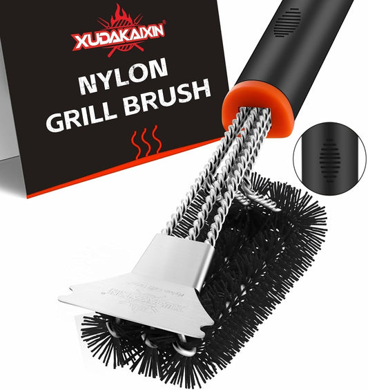Grill Brush and Scraper, Safe Nylon Bristles Barbecue Triple Scrubbers Cleaning Brush for Cast Iron Grates/Porcelain/Weber Gas/Charcoal Grill,Extra Strong BBQ Cleaner Accessories (Black)
