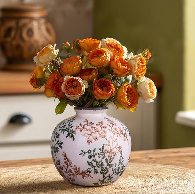 Green, White, and Brown Vintage Round vase, Chinese-Style Green Farmhouse Decorative vase, Suitable for Home Decor,Living Room, Dining Table, Office, Bookshelf, TV Cabinet, entryway Decor.