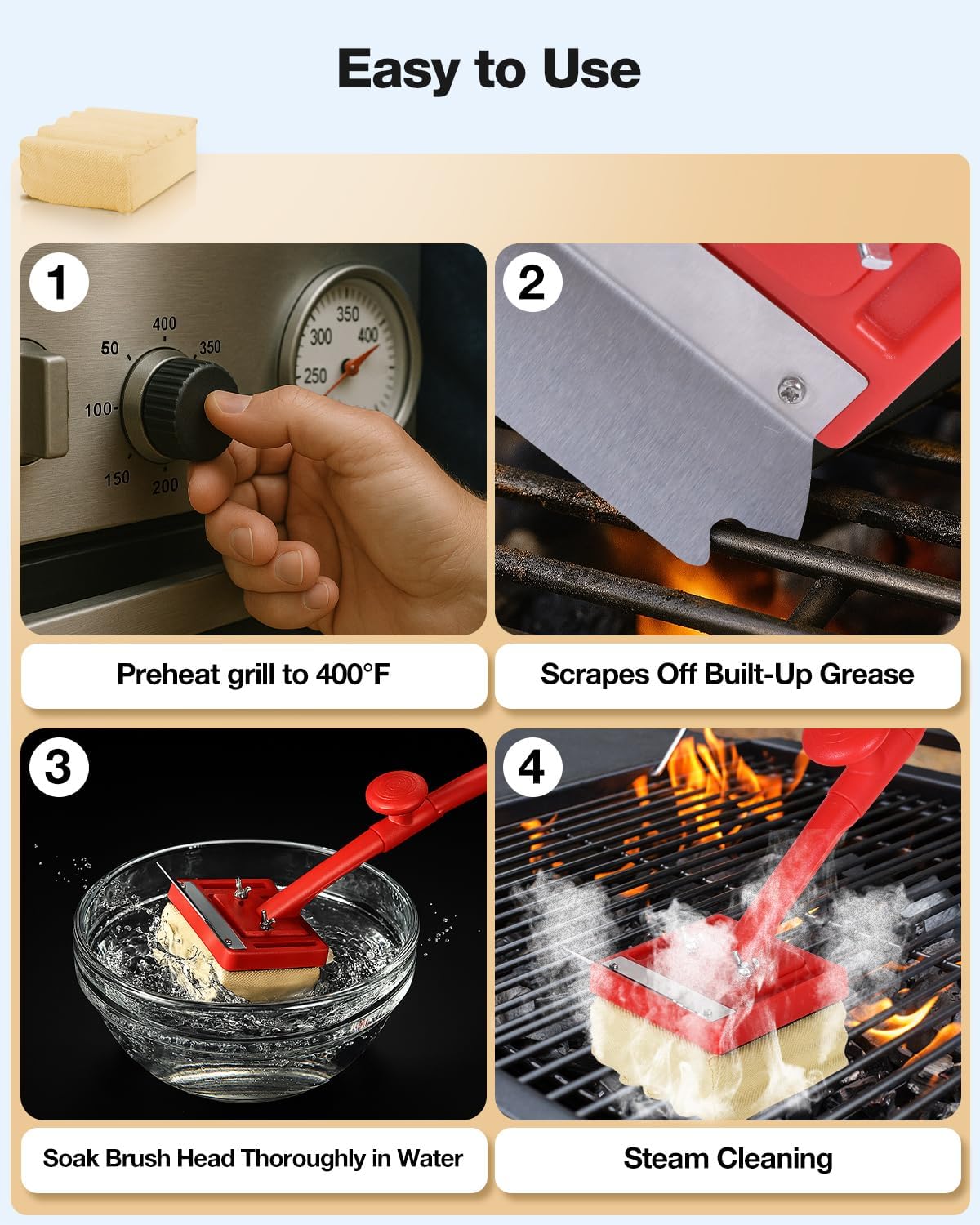 Grill Brush Bristle Free(Fire-Resistant Fabric),4 Replaceable BBQ Cleaning Head,Safe Replacement Cleaning Pad for Cast Iron or Stainless-Steel Grates (No Handle)