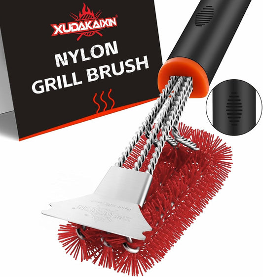 Grill Brush and Scraper, Safe Nylon Bristles Barbecue Triple Scrubbers Cleaning Brush for Cast Iron Grates/Porcelain/Weber Gas/Charcoal Grill,Extra Strong BBQ Cleaner Accessories (Red)