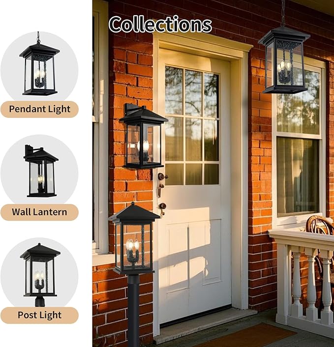 Classic Outdoor Hanging Lantern – Weather-Resistant, Stylish, Matte Black Finish, Clear Seeded Glass and Functional, Extra Large Size