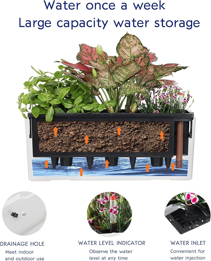 GardenBasix Elongated Self Watering Planter Pots 2-Pack Window Box 5.5 x 16 inch Indoor Home Garden Modern Decorative Planter Pot for All House Plants Flowers Herbs (White,2)