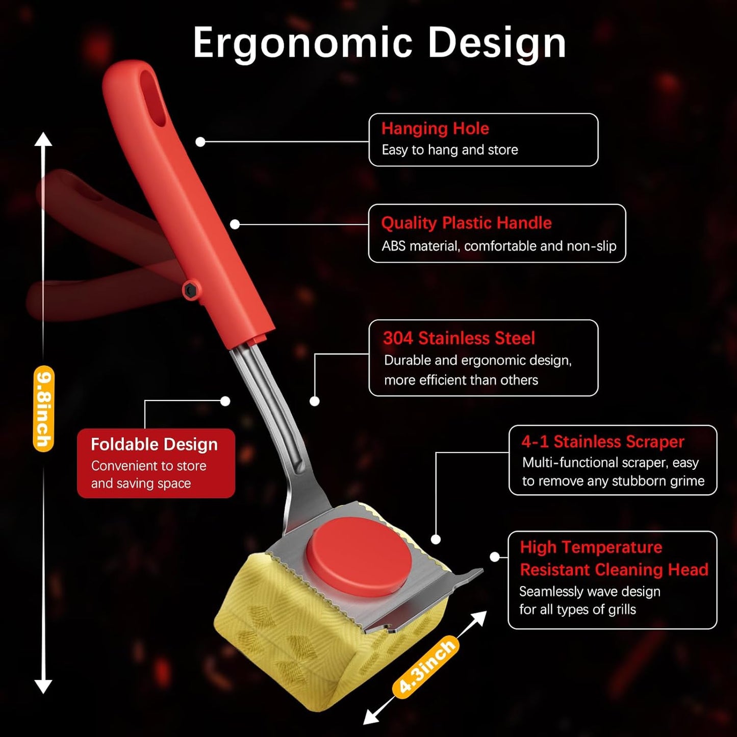 Grill Brush Bristle Free, BBQ Grill Brush for Outdoor Grill, Safe Steam Grill Cleaning Brush with Scraper, Replacement Sponge Heads, Non Metal Bristles for Cast Iron, Stainless-Steel Grates