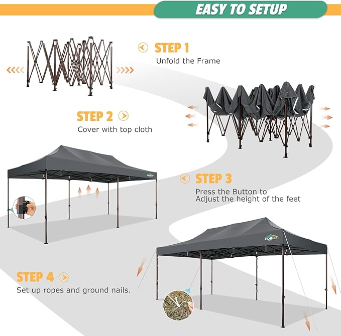 COBIZI 10x20 Pop Up Canopy Heavy Duty Without Sidewalls, Commercial Heavy Duty Pop Up Tent for Parties All Weather Waterproof and UV 50+ Wedding Tent with Roller Bag(Legs Upgraded),Grey