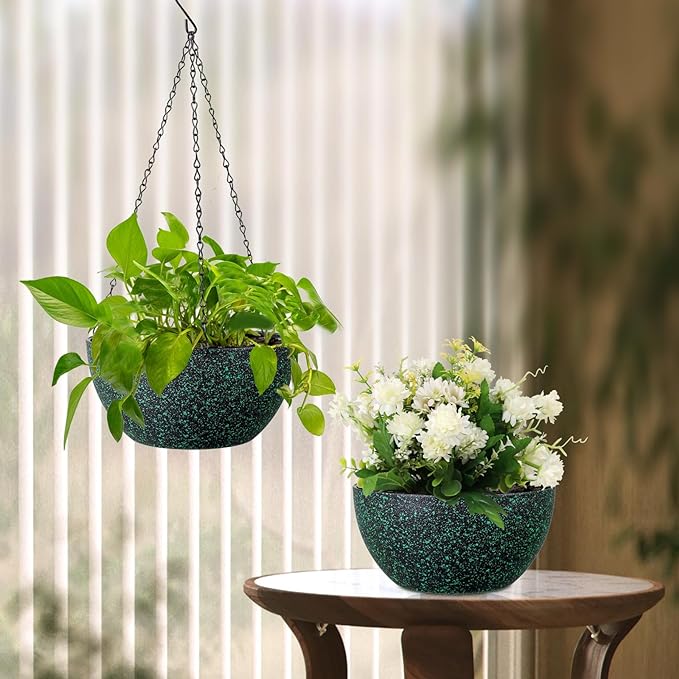 8 inch Small Hanging Planters for Indoor Outdoor Plants, 2 Pack Hanging Flower Pots with Drainage Holes and Chain, Plastic Hanging Baskets for House Plants, Black with Green Speckles