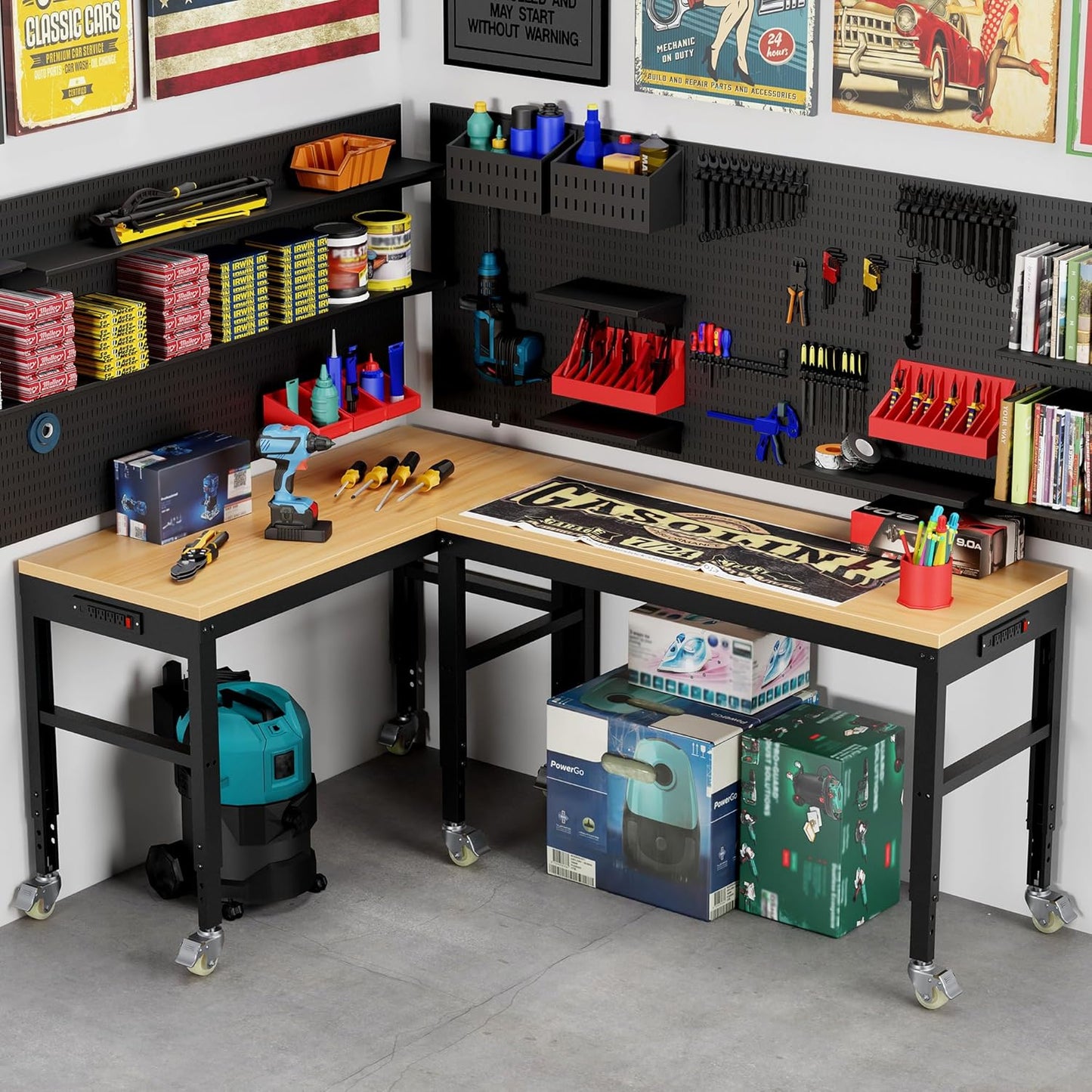 60” Adjustable Workbench,Heavy Duty Wood Work Bench 2000 Lbs Load Capacity,Work Table with Power Outlet and Wheels for Garage, Workshop, Office, Home