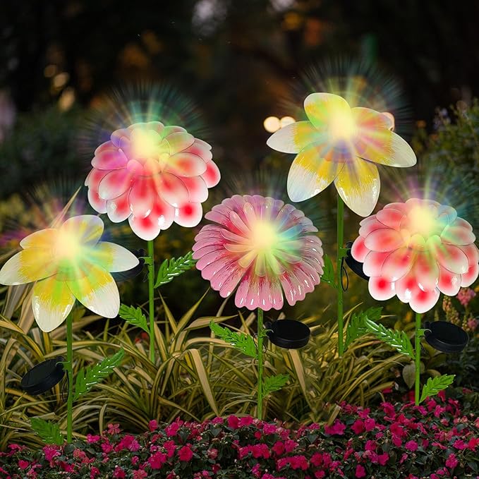 4Pcs 25" Solar Garden Decor for Outside, 3D Metal Flowers for Outside, Valentines Day Garden Stakes Decoration, Solar Lights Garden Decor, Yard Art for Lawn Patio Porch Gifts for Her