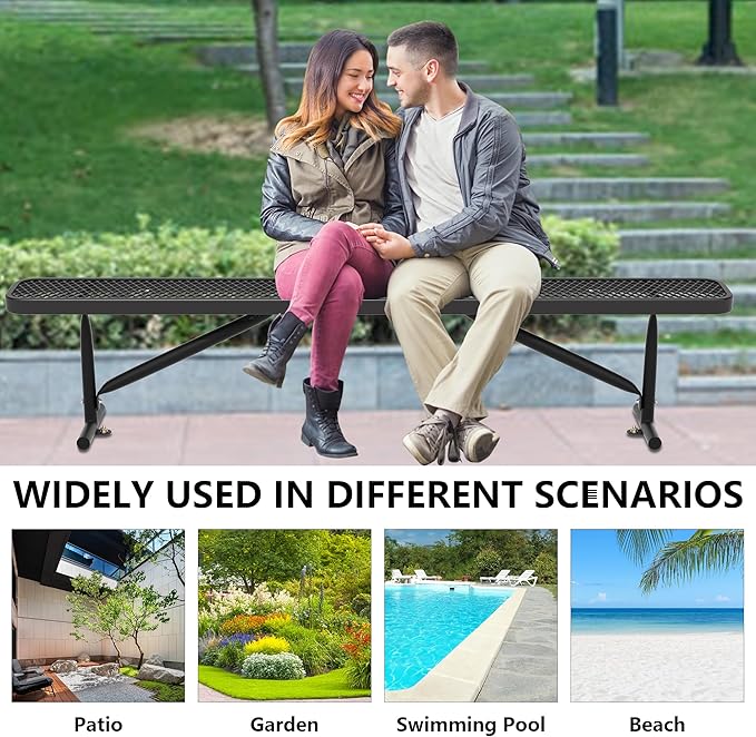 96" L Outdoor Metal Benches, Heavy Duty Garden Park Bench for Outside, Porch Chair Sports Backless Commercial Benches Mesh Bench for Shopping Mall, Store, Lawn, Park, Patio, Deck, Garden