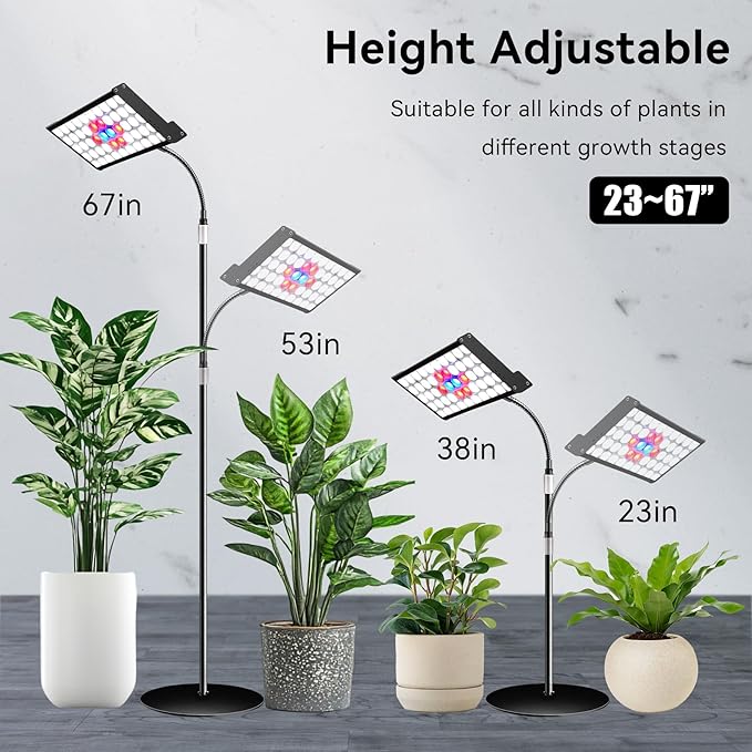 Grow Lights for Indoor Plants Full Spectrum Led Plant Grow Lights 3/9/12H Timer,10 Dimmable Levels, Adjustable Stand 23-67 inches, Flexible Gooseneck, Grow Lamp for Large and Small Plants with Stand