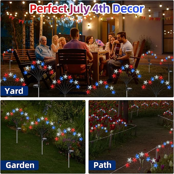 4th of July Decorations Solar Garden Lights, Fourth of July Red White and Blue Light Solar Lights Outdoor, Waterproof Patriotic Decor with 9 LED 2 Lighting Modes for Independence Day, 4 Pack