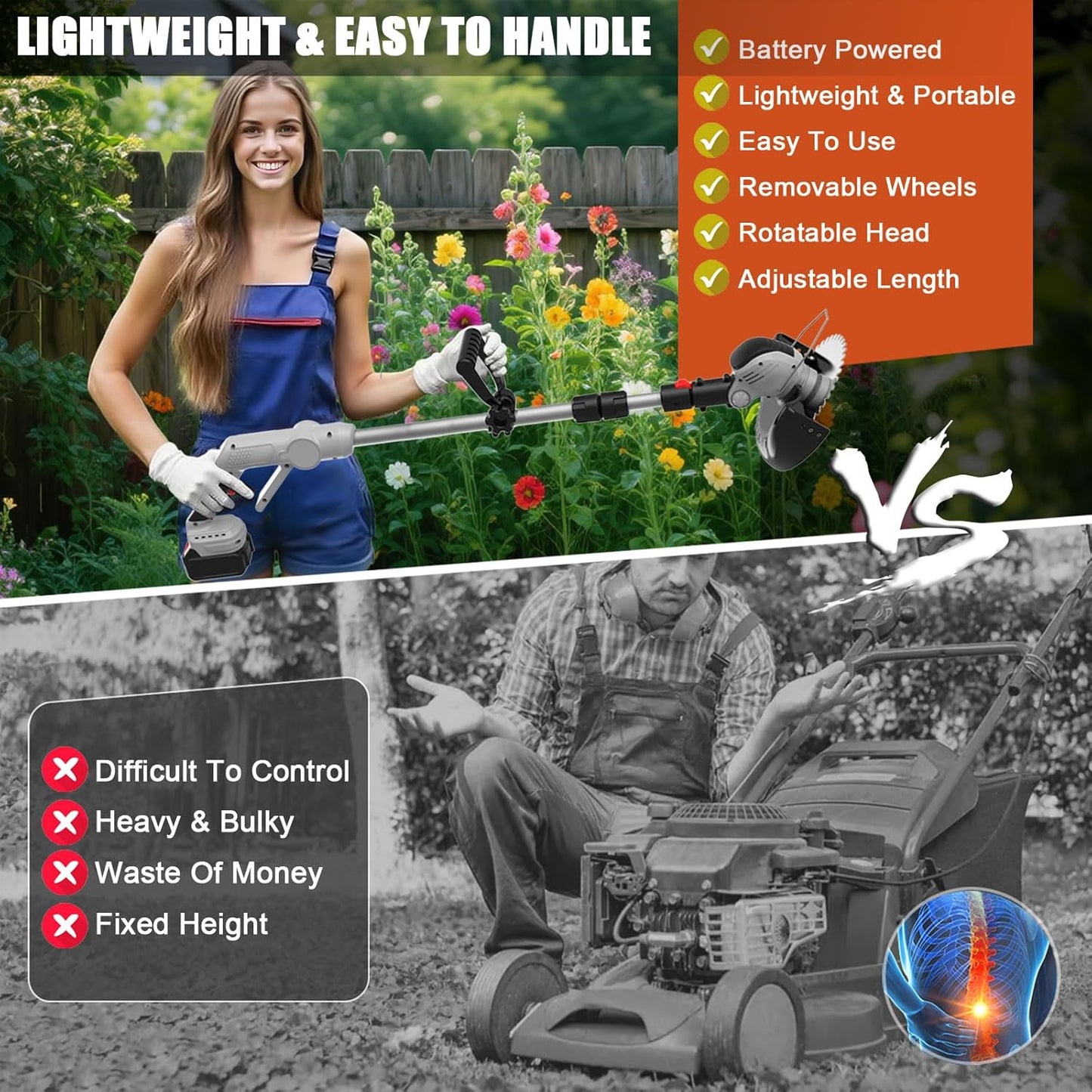 Electric Weed Wacker Cordless Eater Battery Powered, 21v Lightweight Weed Trimmer With 2 4.0Ah Battery Operated & Charger & Wheels & Shears, 3 In1 Grass Trimmer/Brush Cutter/Lawn Edger for Yard Garden