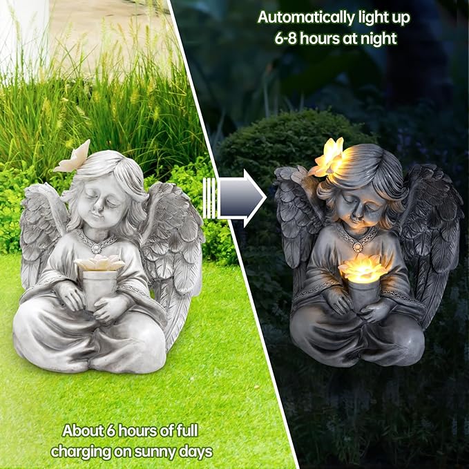 Angel Garden Statues for Outside, Solar Angels for Cemetery Grave, Outdoor Angel Statues for Garden Yard Patio Decor, Garden Sculptures for Halloween Christmas Decorations, Gift for Mom Housewarming