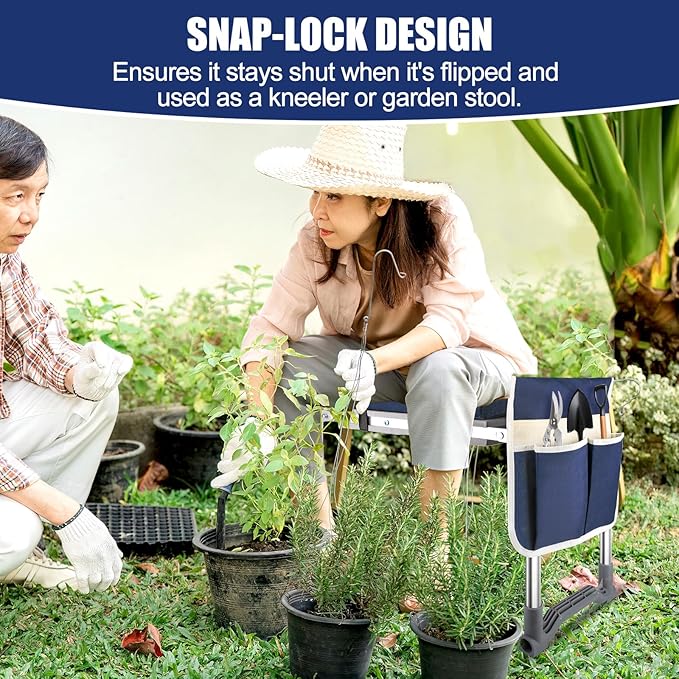 Garden Kneeler and Seat, Wider & Thicker Kneeling Pad Heavy Duty Foldable Garden Stool with Large Gardening Tool Pouch and Bag, Portable Garden Bench- Gardening Gifts for Women, Men, Seniors, Mom& Dad