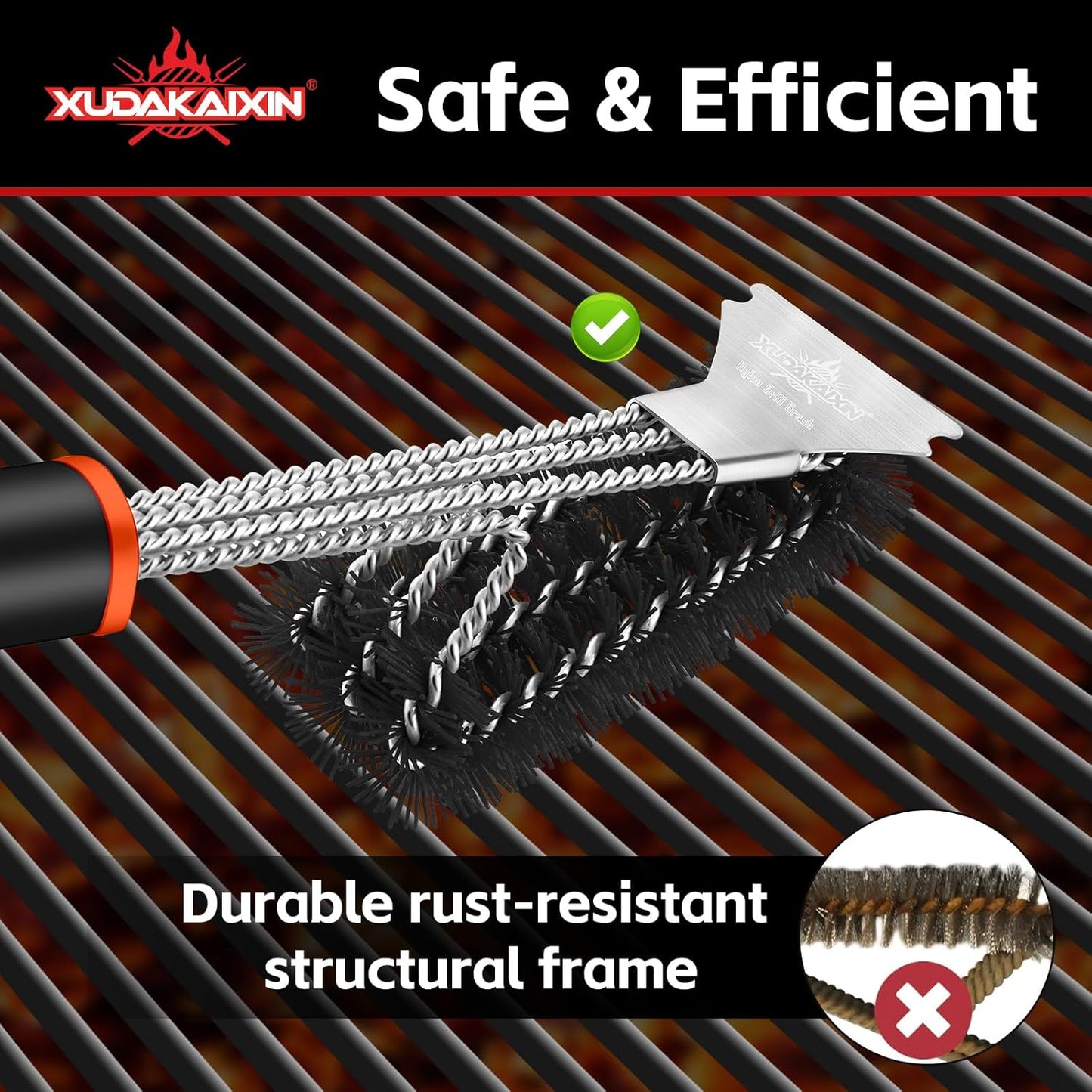 Grill Brush and Scraper, Safe Nylon Bristles Barbecue Triple Scrubbers Cleaning Brush for Cast Iron Grates/Porcelain/Weber Gas/Charcoal Grill,Extra Strong BBQ Cleaner Accessories (Black)